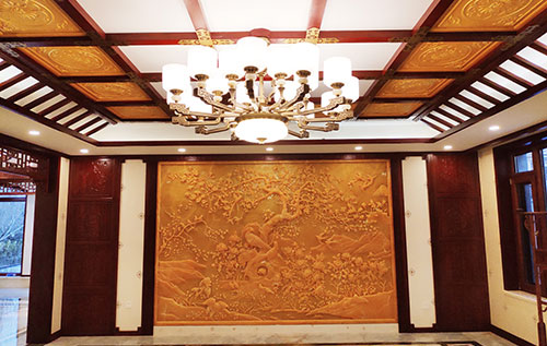 山丹中式别墅客厅中式木作横梁吊顶装饰展示